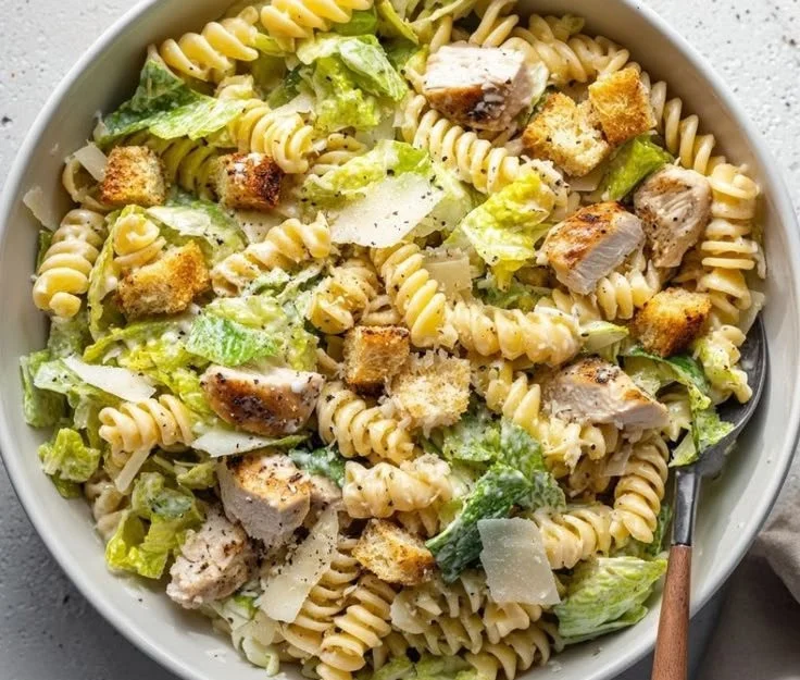 A bowl of Chicken Caesar Pasta Salad with chicken, lettuce, and Caesar dressing.