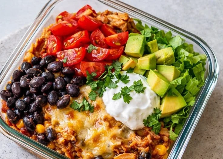 Delicious Chicken Enchilada Bowl topped with fresh ingredients and garnishes