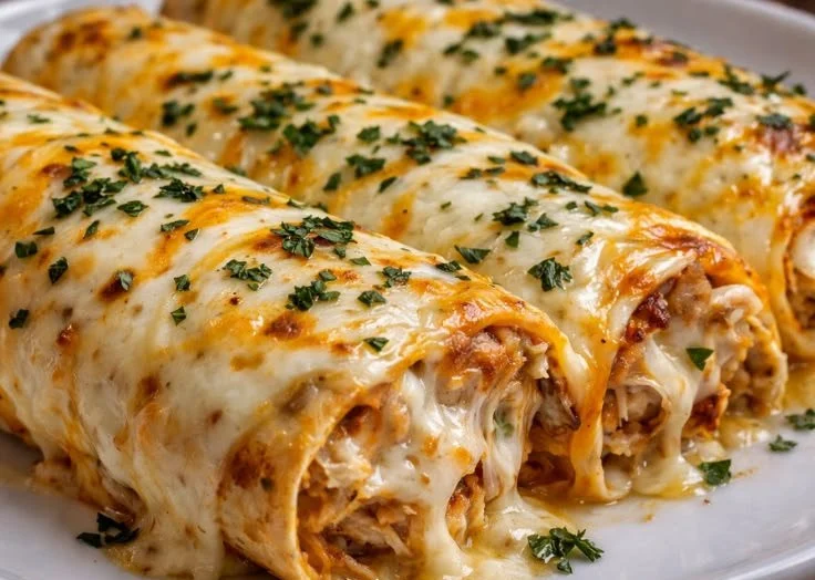 Delicious Chicken Enchilada Casserole topped with cheese and fresh ingredients.