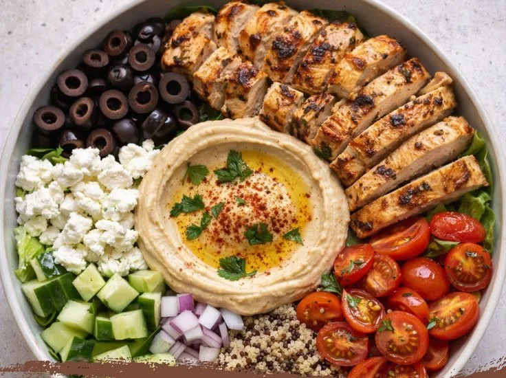 Healthy Chicken Hummus Bowl with fresh ingredients and vibrant colors
