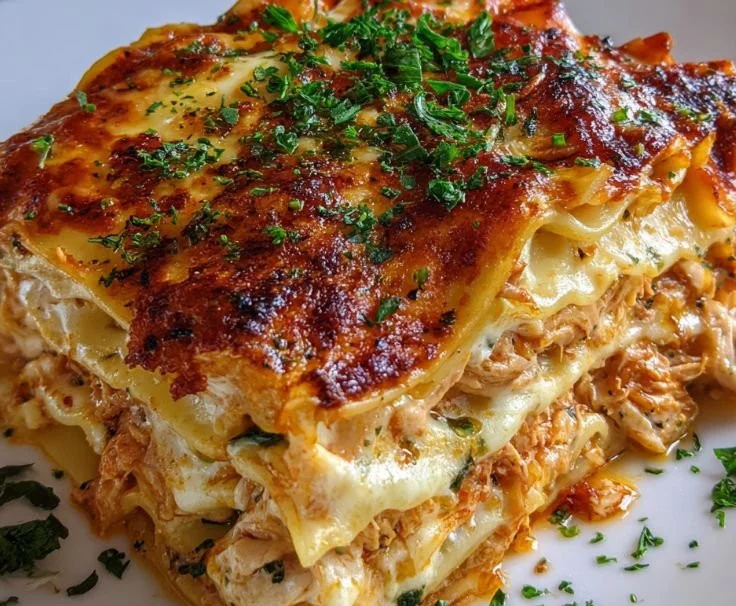 Delicious Chicken Lasagna Bake served on a plate with fresh herbs.