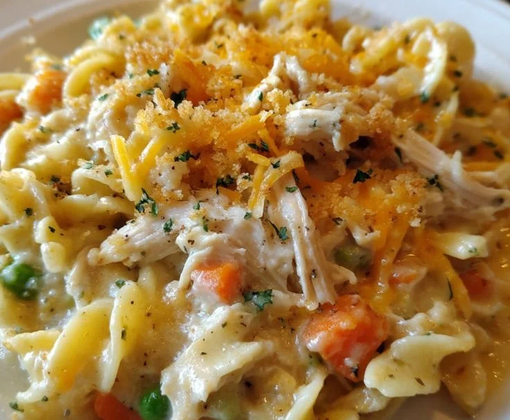 Delicious homemade chicken noodle casserole fresh out of the oven