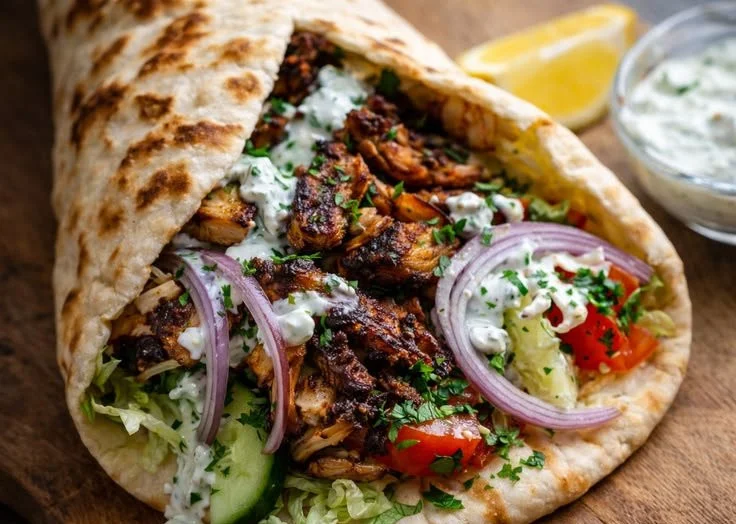 Delicious Chicken Shawarma served with garlic sauce in a wrap
