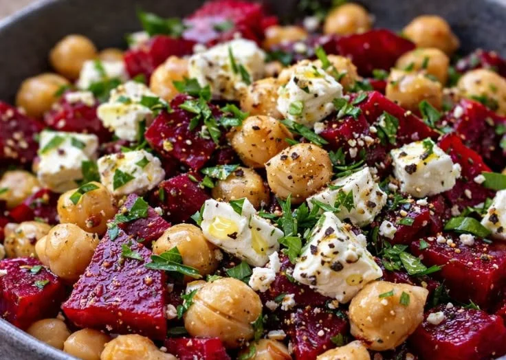 Chickpea and beet salad topped with feta cheese in a colorful bowl
