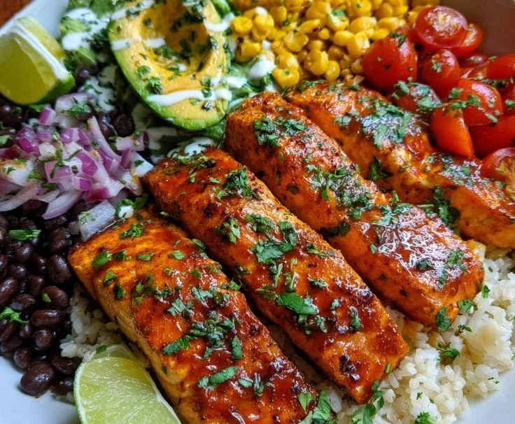 Delicious Chipotle Honey Salmon Bowls garnished with fresh ingredients