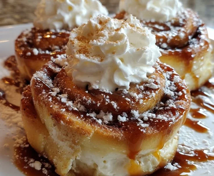 Cinnamon Roll Cheesecake Chimichanga with cinnamon glaze and whipped cream