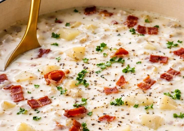 Bowl of creamy clam chowder topped with parsley and crackers