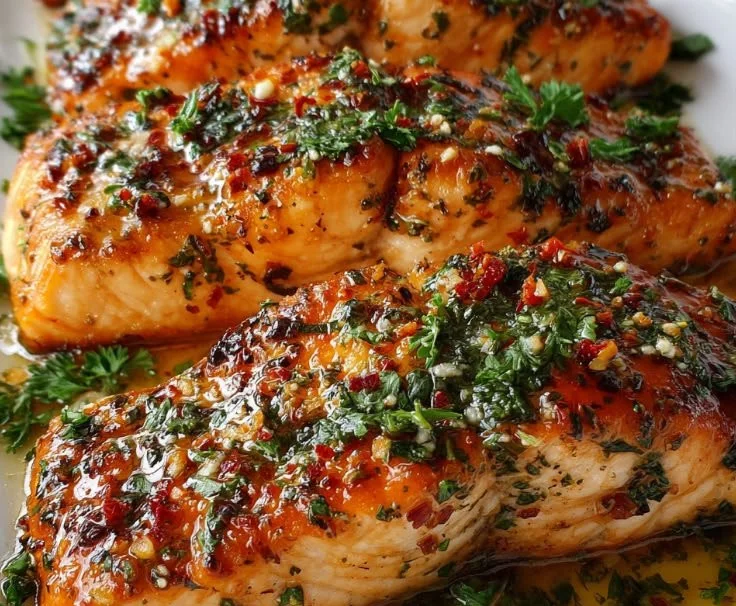 Deliciously cooked Marry Me Salmon served with fresh herbs and lemon.