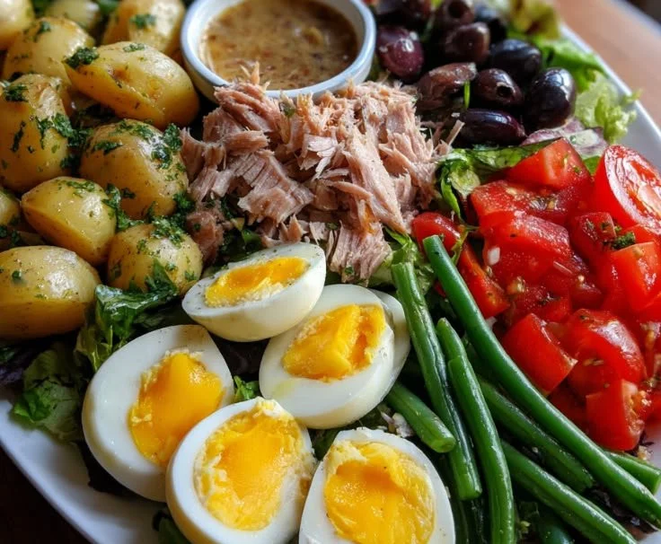 Classic Niçoise Salad with fresh vegetables, tuna, and olives