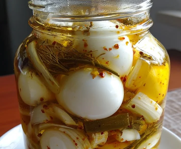Jar of classic pickled eggs on a wooden table with spices and herbs.
