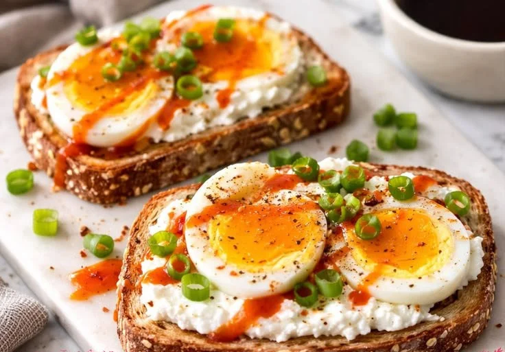Cottage Cheese Egg Sriracha Protein Toast topped with sriracha sauce and herbs