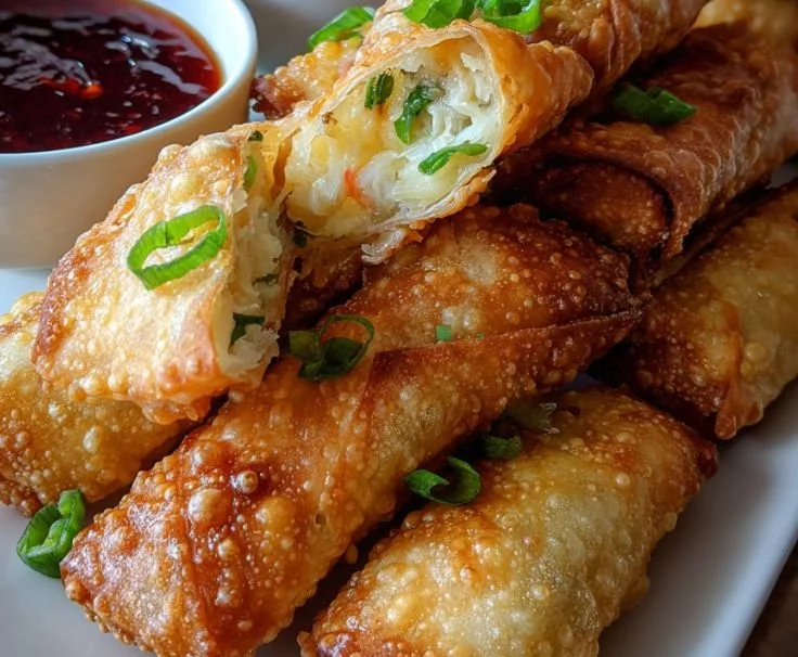 Crispy Crab Rangoon Egg Rolls with creamy filling and dipping sauce.