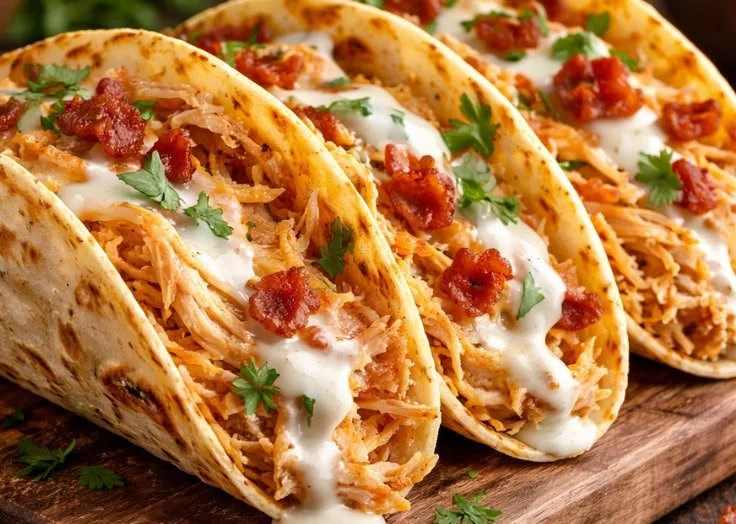 Delicious Crack Chicken Tacos served with fresh toppings and garnishes.