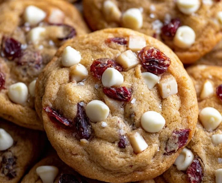 Cranberry cookies with white chocolate chips on a baking tray