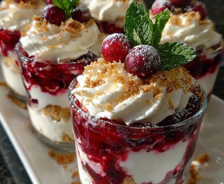 Cranberry Cream Cheese Trifle cups decorated for Christmas celebration