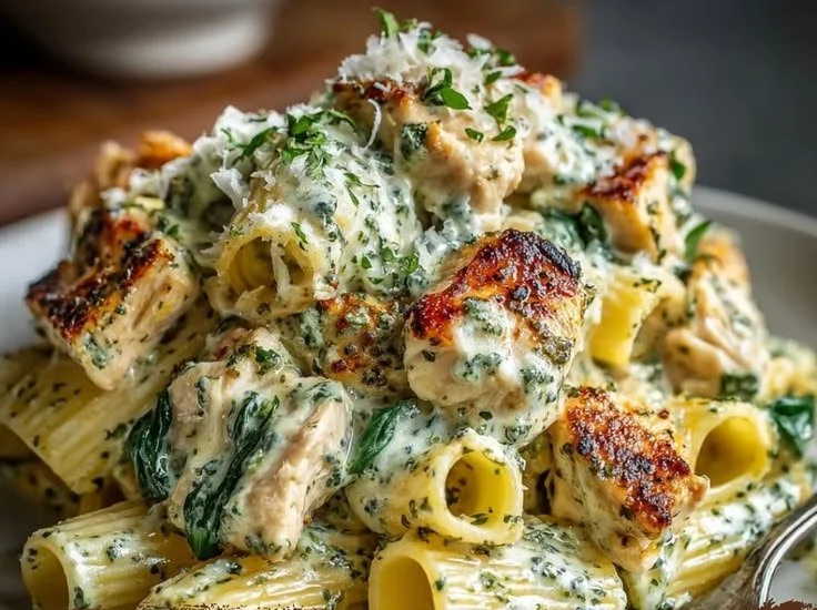 Creamy chicken pesto pasta in a bowl topped with fresh basil and grated Parmesan cheese.