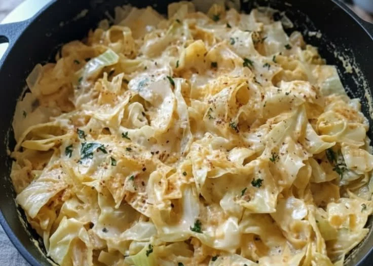 Creamy Garlic Alfredo pasta dish with cabbage