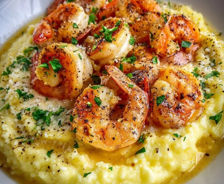 Creamy garlic shrimp served on mashed potatoes, a delicious dinner recipe.