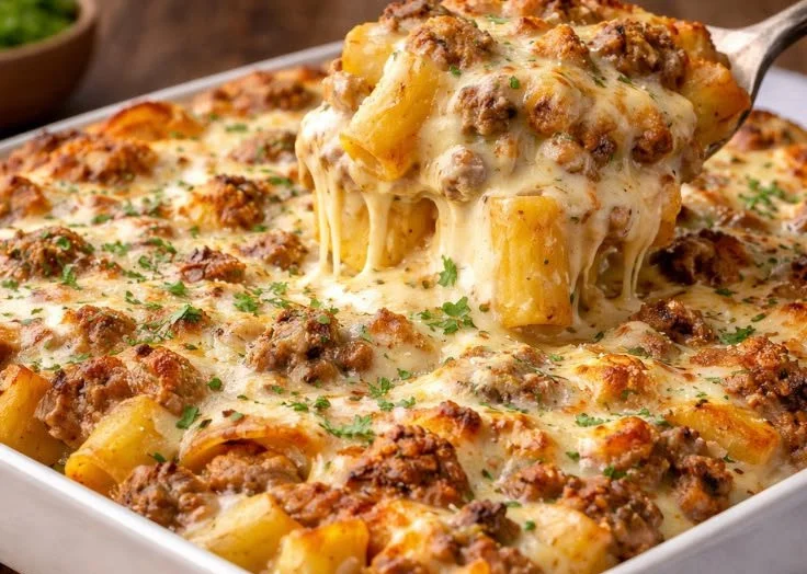 Creamy Ground Beef Alfredo pasta served in a bowl garnished with parsley