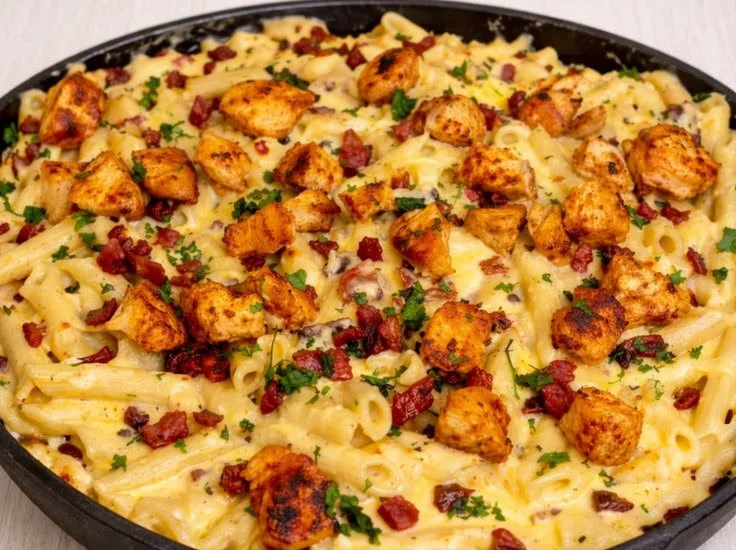 Creamy high-protein chicken bacon ranch pasta served in a bowl