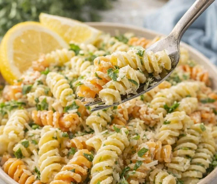 Creamy lemon parmesan pasta salad in a bowl garnished with fresh herbs