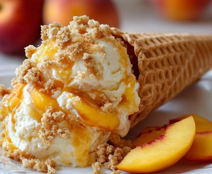 Creamy peach cheesecake cones topped with crumble on a white plate