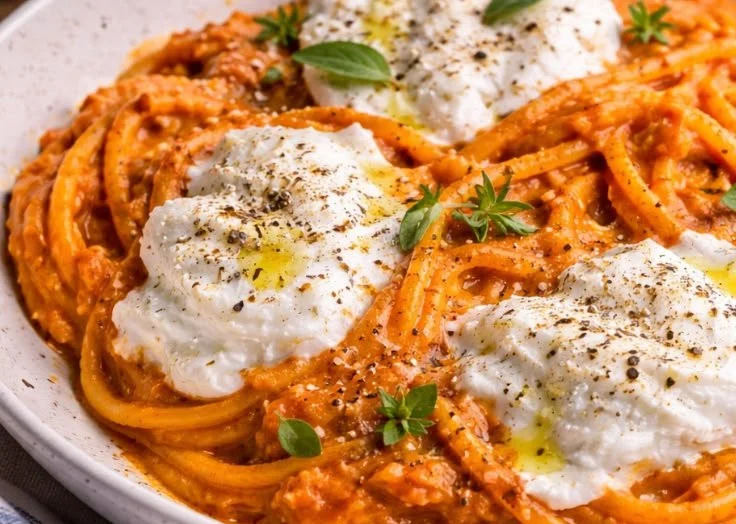 Creamy red pepper pasta topped with burrata cheese on a white plate