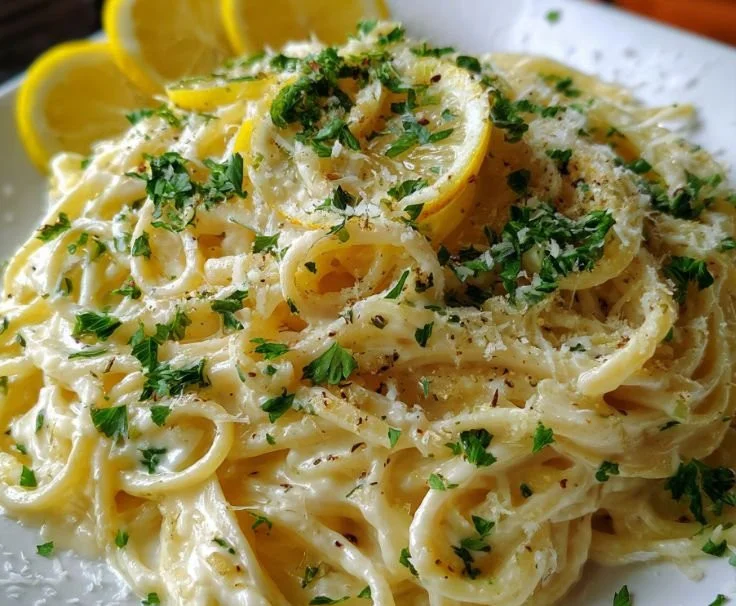 Creamy roasted garlic lemon pasta sauce served over spaghetti.