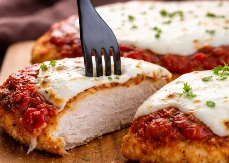 Creamy tomato basil chicken breast served on a plate with herbs