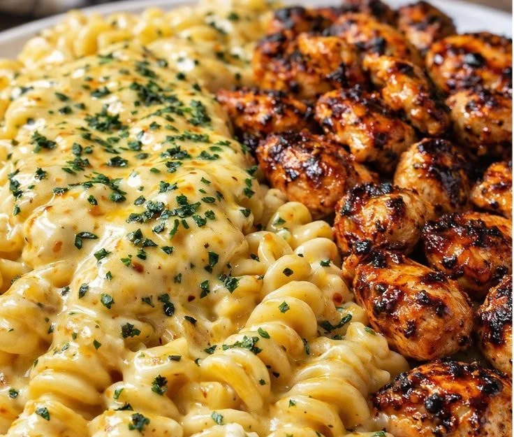 Creamy Velveeta Alfredo Chicken Rotini served in a bowl with parsley garnish.