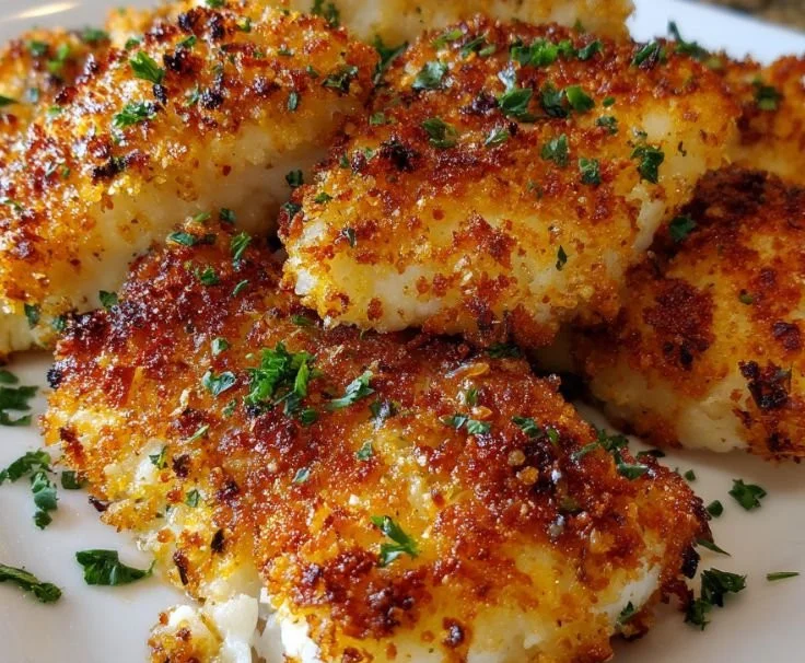 Crispy Air Fryer Parmesan Cod served on a plate with lemon wedges.