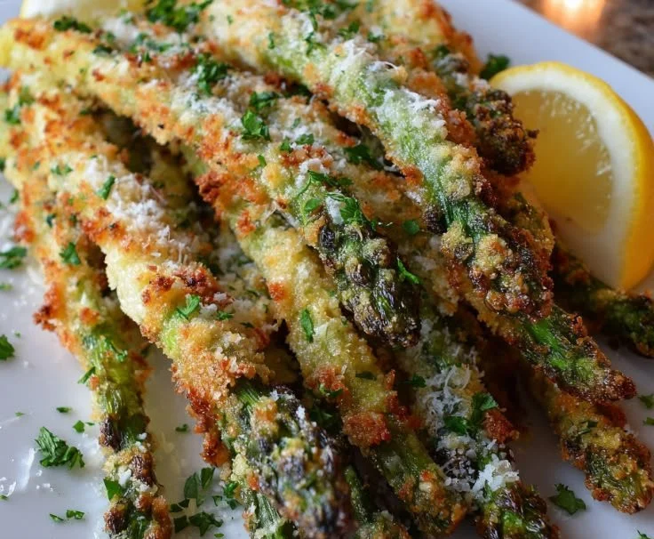 Crispy Asiago Asparagus Spears garnished on a plate