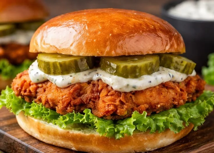 Crispy chicken sandwich with pickled slaw on a rustic wooden board