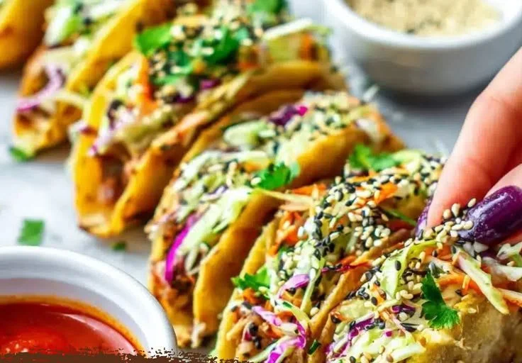 Crispy chicken wonton tacos topped with teriyaki glaze on a plate