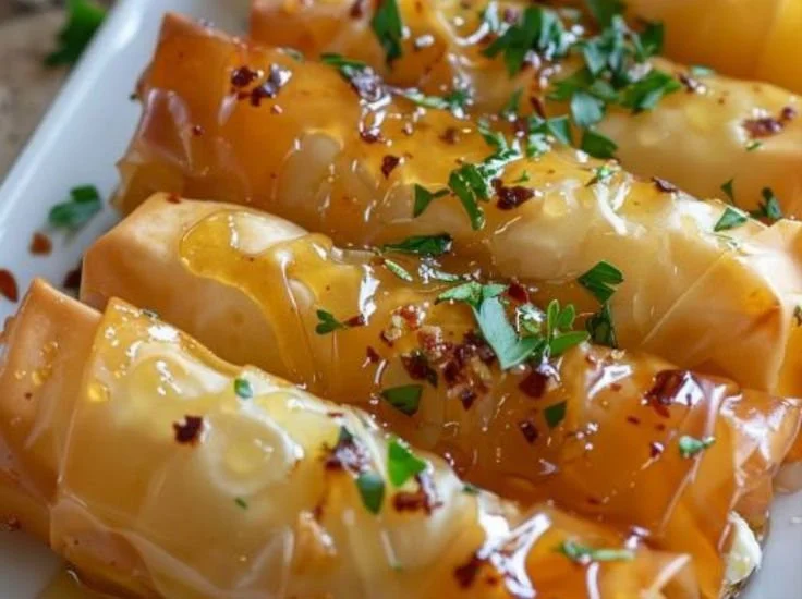 Crispy feta rolls drizzled with hot honey glaze on a plate