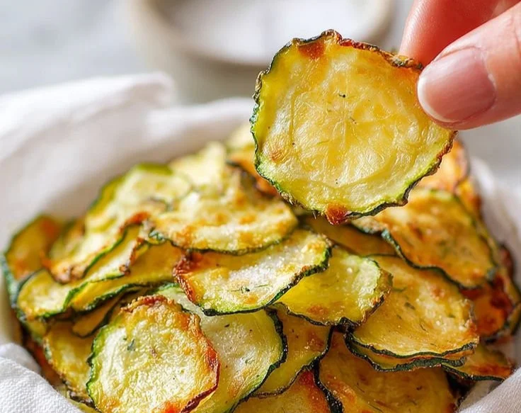 Crispy salt and vinegar zucchini chips in a bowl, a healthy snack option