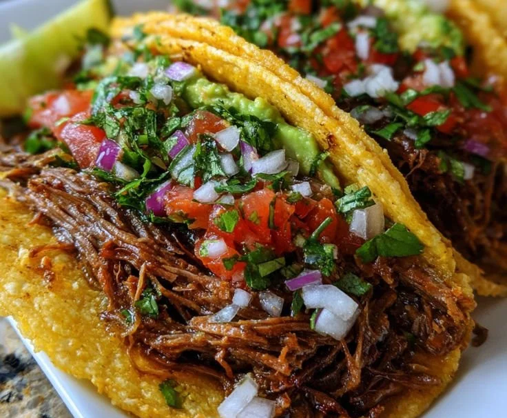 Delicious crispy shredded beef tacos topped with fresh ingredients