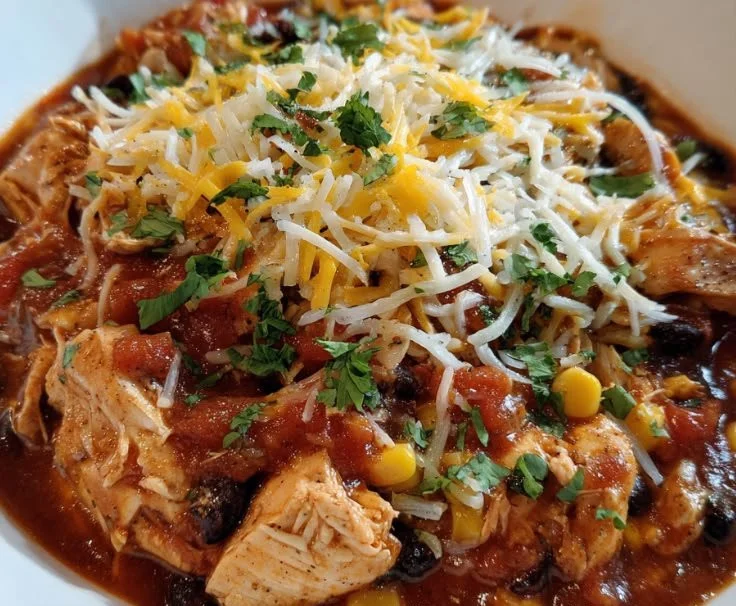 Crock Pot Salsa Chicken served with toppings and garnished.