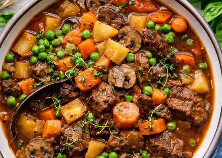 Hearty Crockpot beef stew served in a bowl with fresh vegetables and herbs.