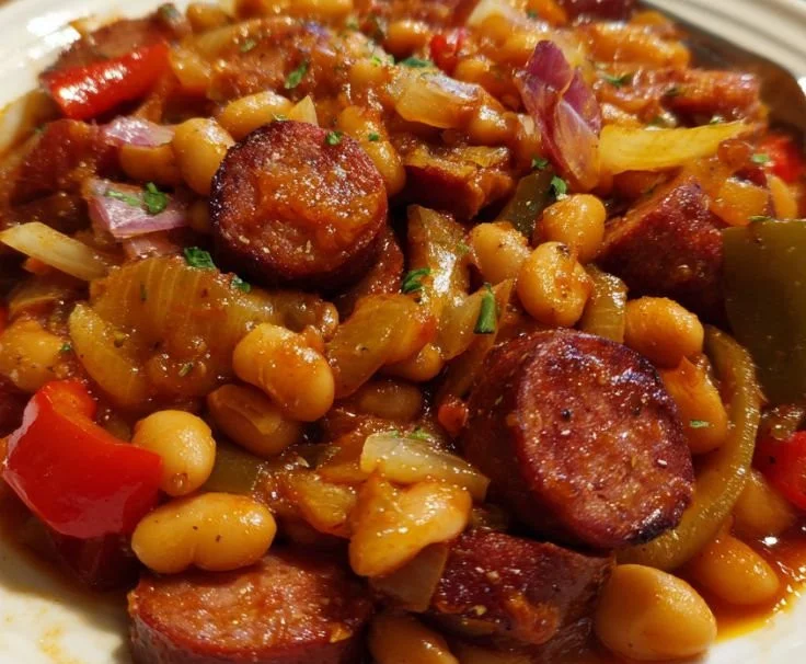 Delicious Crockpot Cowboy Beans with Kielbasa served in a bowl