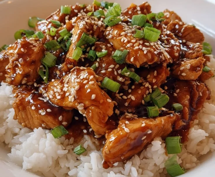 Crockpot Honey Garlic Chicken served on a plate with garnish