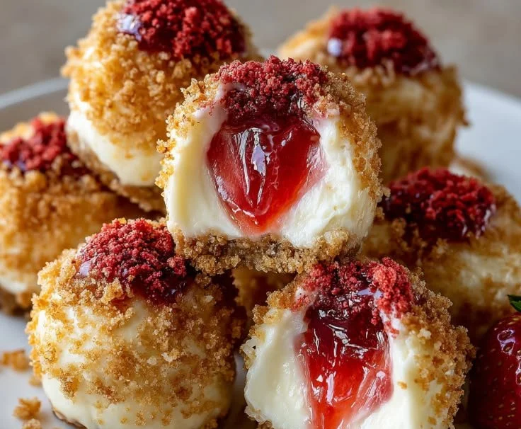 Delicious crunchy strawberry cheesecake bites recipe on a plate
