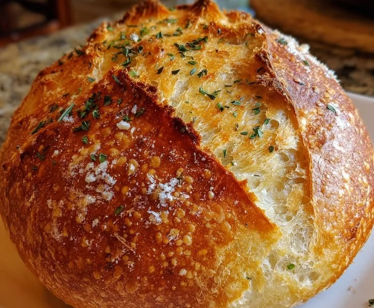 Loaf of crusty Italian bread on a wooden board, fresh out of the oven.