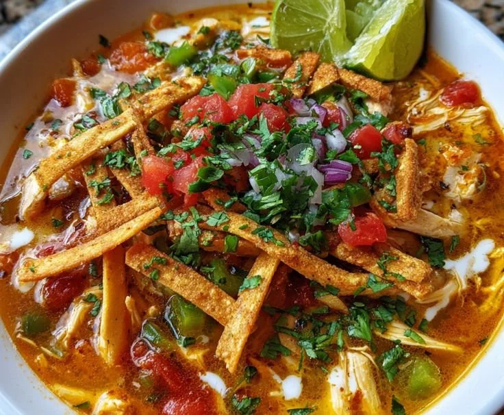 Bowl of easy chicken tortilla soup garnished with tortilla strips and cilantro