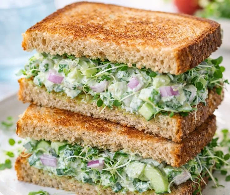 Easy cucumber salad sandwich served on a plate with fresh ingredients