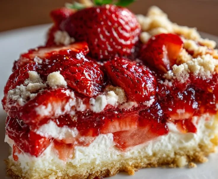 Delicious easy strawberry dessert dump cake ready to be served.