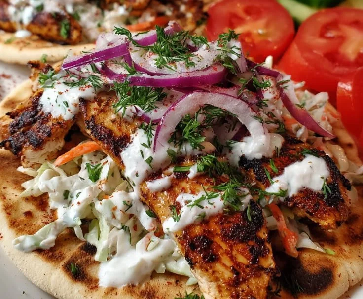 Delicious flavorful chicken pitas served with fresh vegetables and sauces