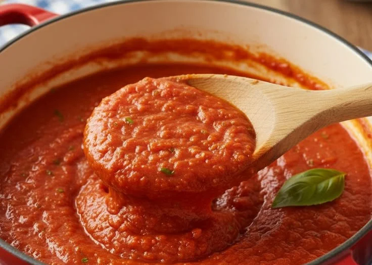 Homemade flavorful pizza sauce in a bowl with fresh ingredients