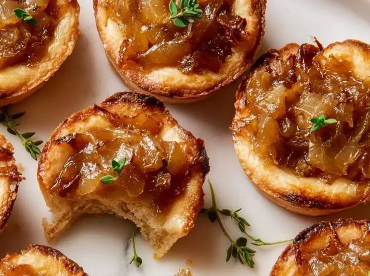 Delicious French onion soup bites garnished with melted cheese.