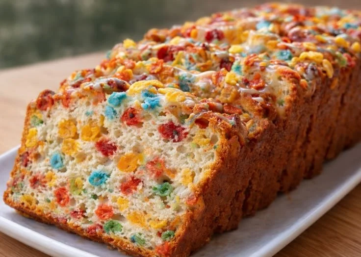 Delicious Fruity Pebbles Breakfast Bread fresh out of the oven